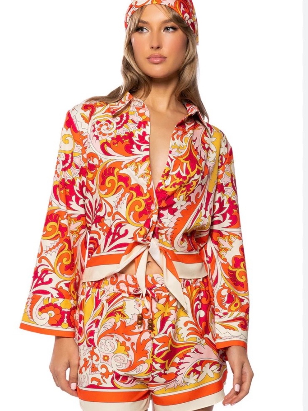 Zara Multicolor Orange Pink Red Paisley Print Tie-Front Top and Shorts Set XS